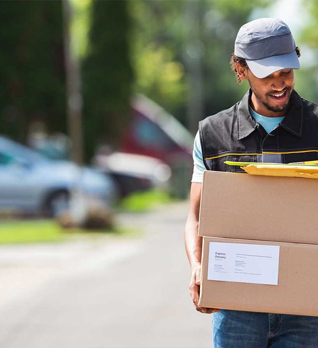 Delivery man carrying two cardboard boxes on a sunny street.